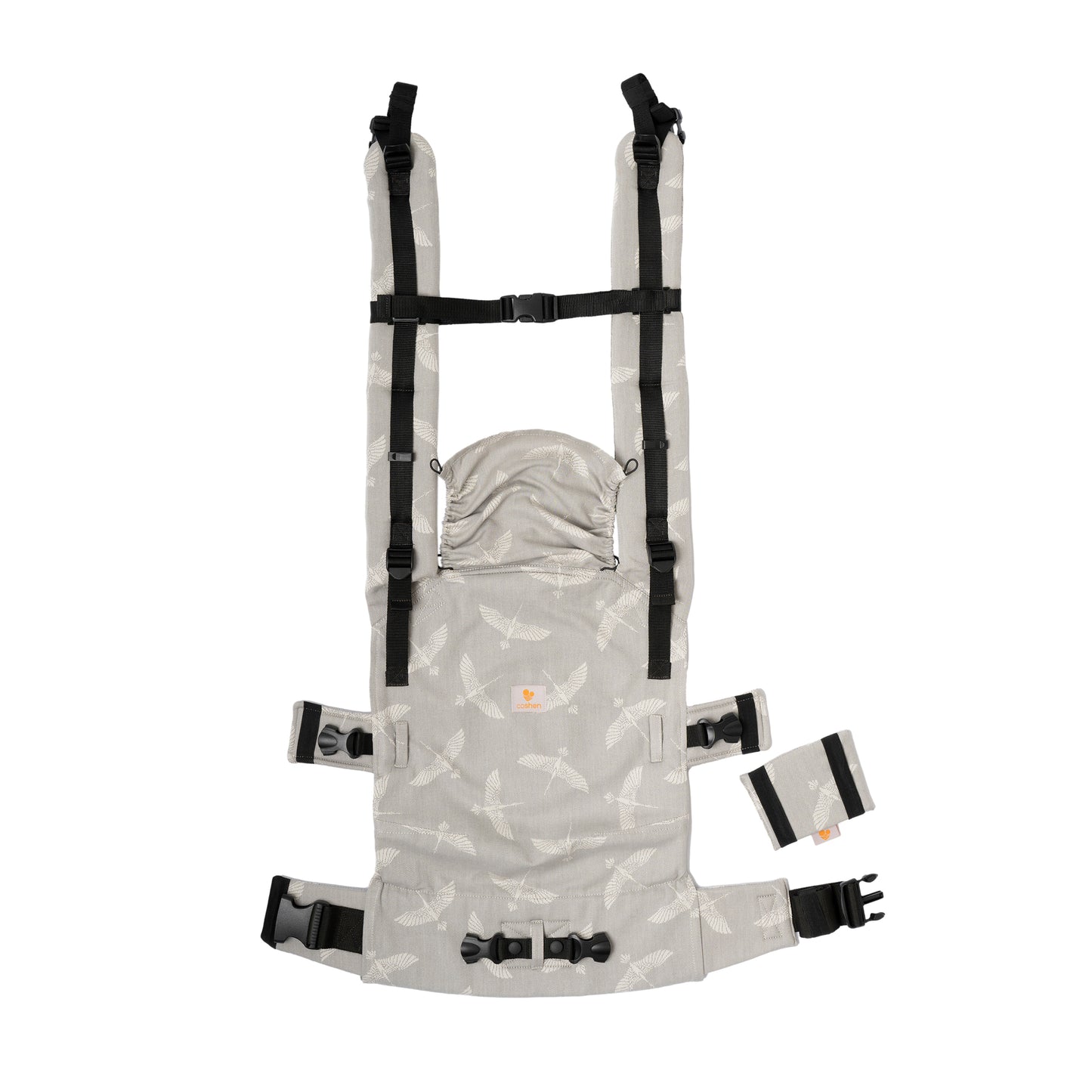 Organic cotton newborn baby carrier, gray bird pattern, hands-free, design that grows with the baby. International fast shipping.