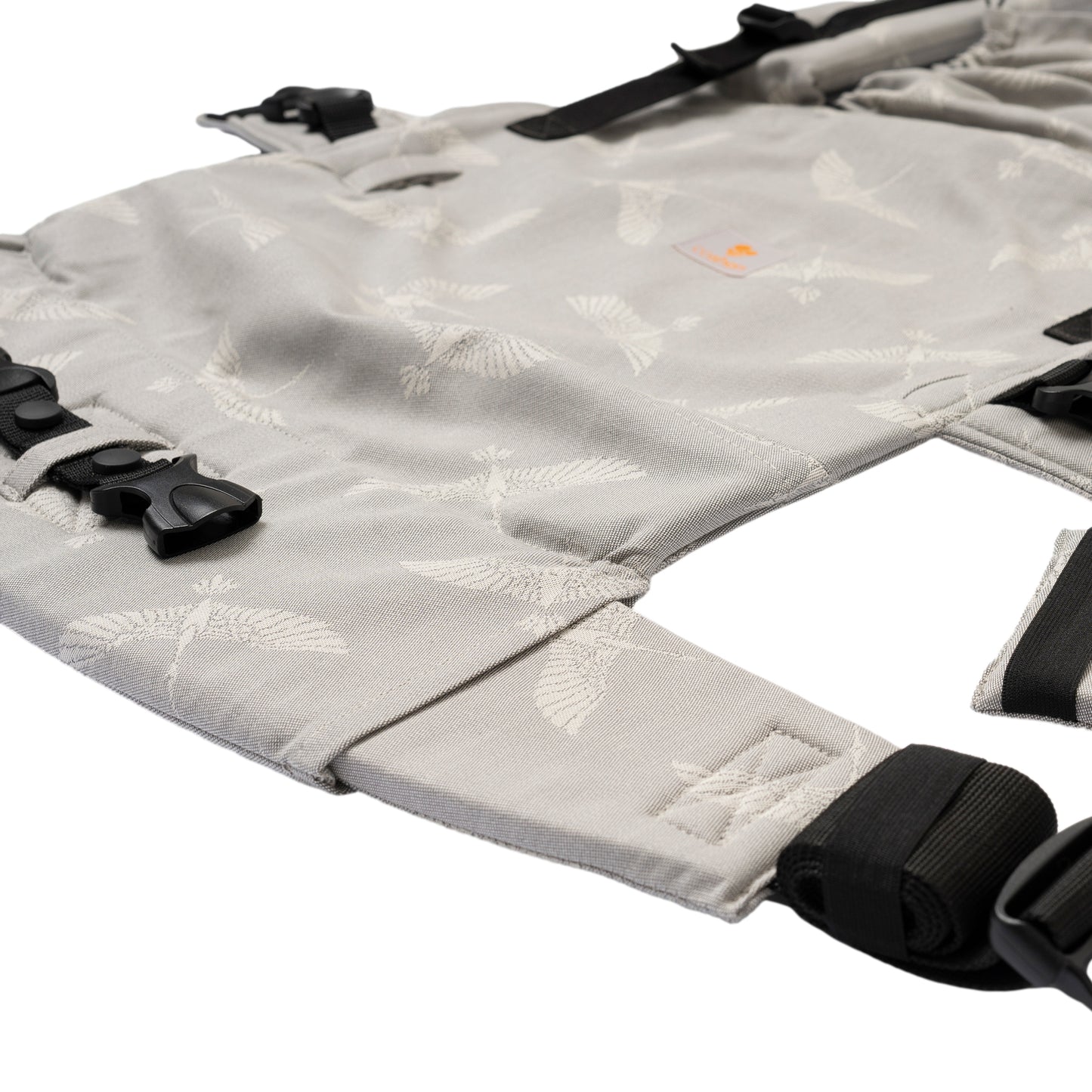 Organic cotton newborn baby carrier, gray bird pattern, hands-free, design that grows with the baby. International fast shipping.