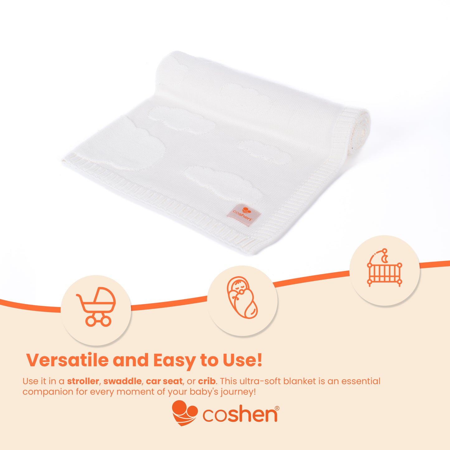 White, organic cotton, knitted, cloud patterned baby blanket