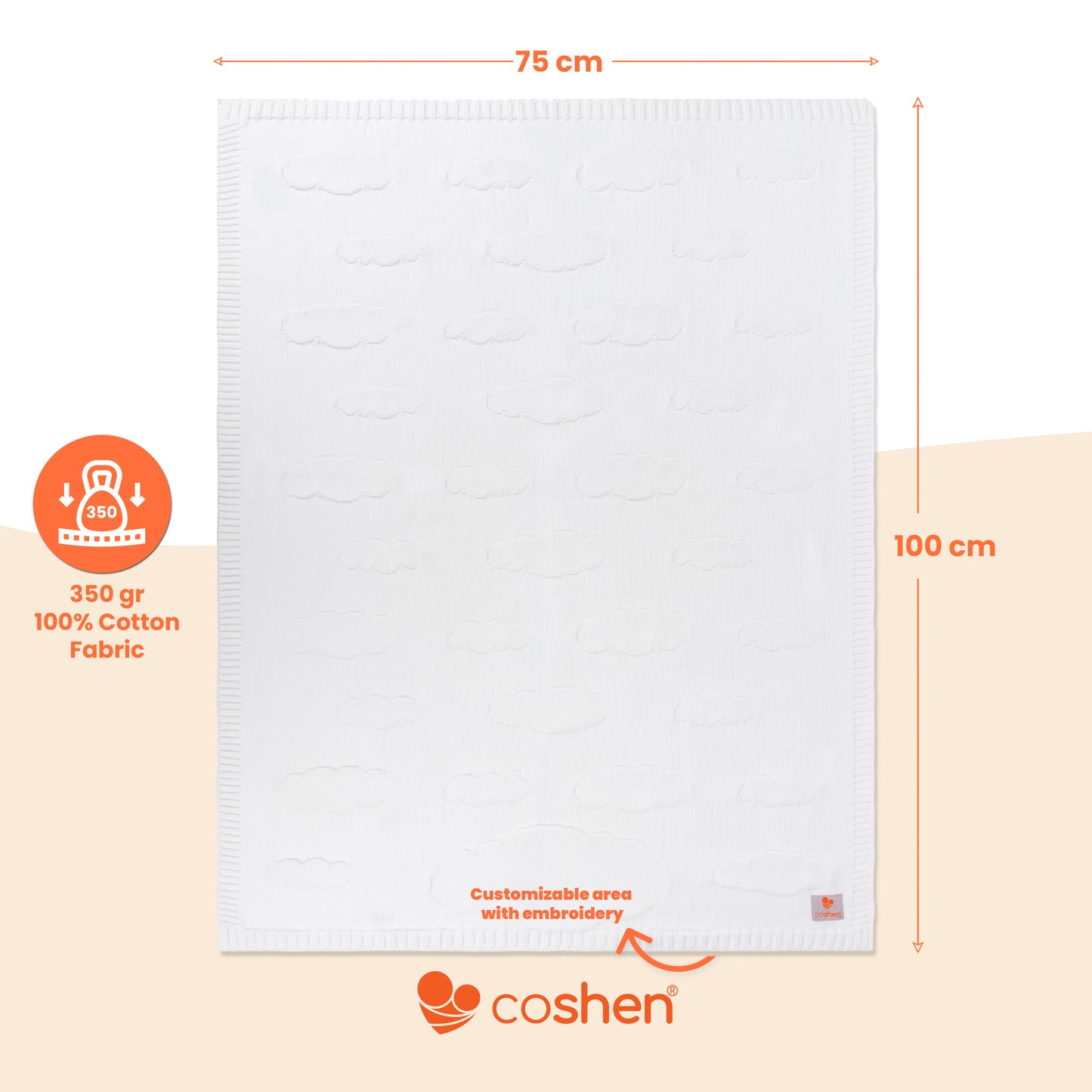 White, organic cotton, knitted, cloud patterned baby blanket