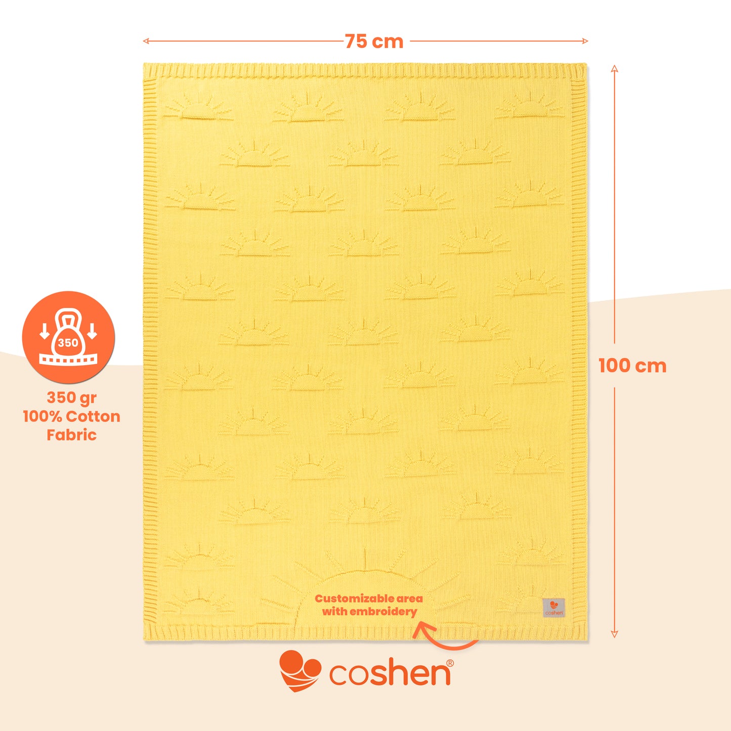 Yellow, organic cotton, knitted, sun patterned baby blanket