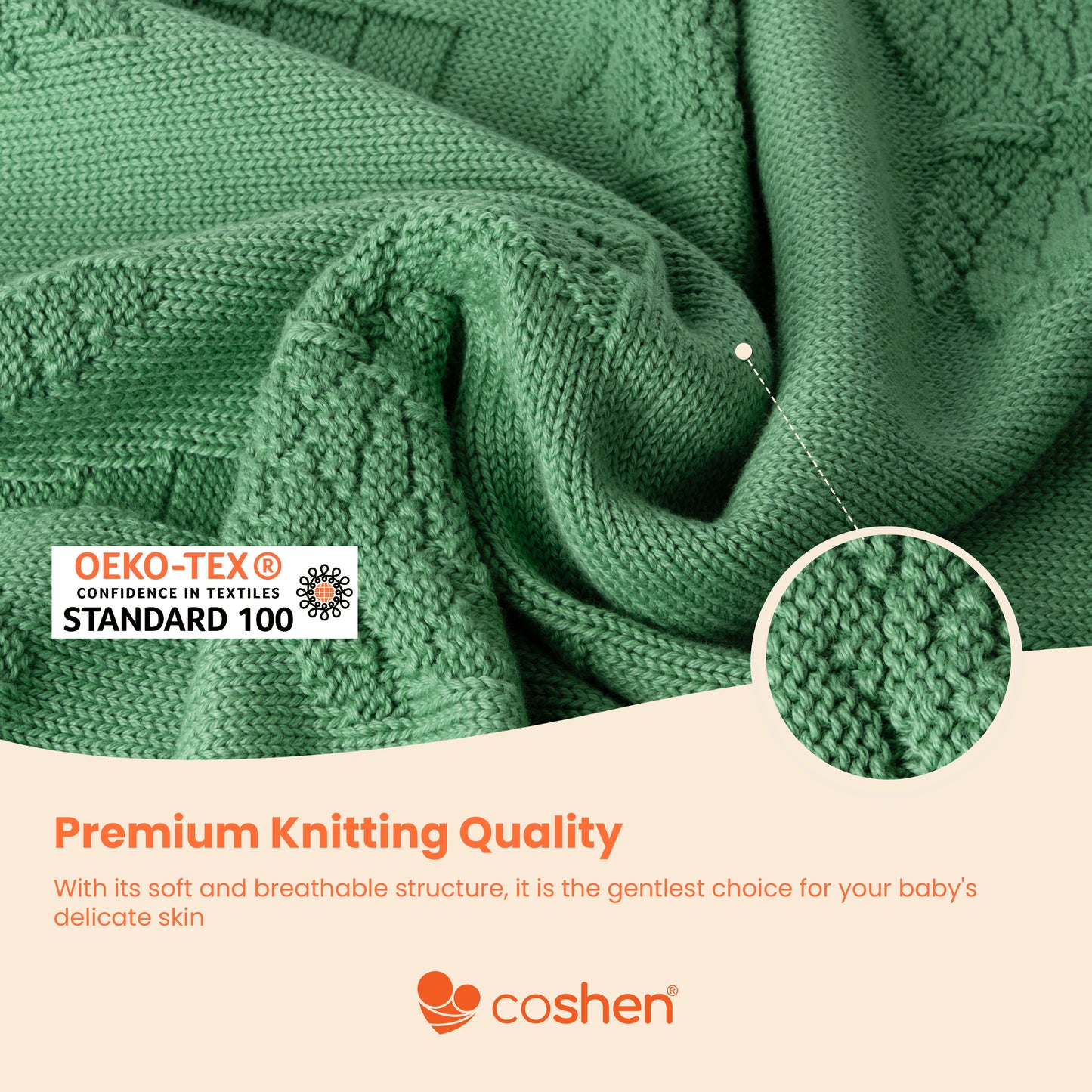 green, organic cotton, knitted, palm patterned baby blanket