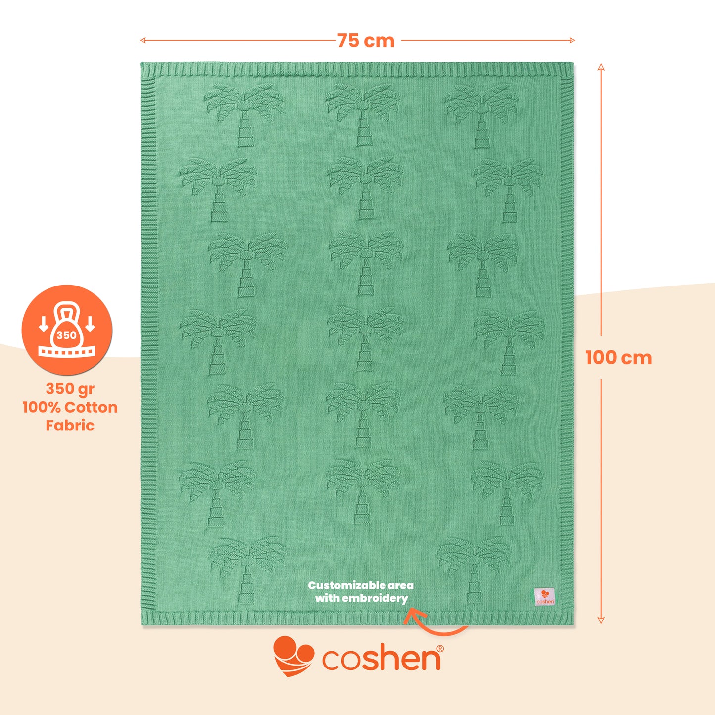 green, organic cotton, knitted, palm patterned baby blanket