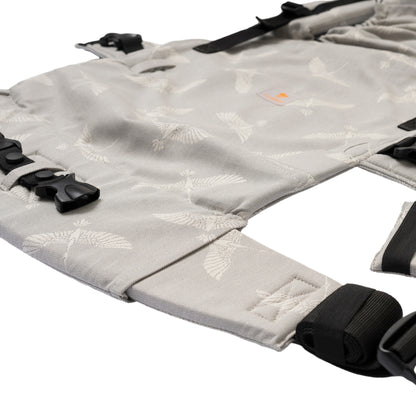 Organic cotton newborn baby carrier, gray bird pattern, hands-free, design that grows with the baby. International fast shipping.