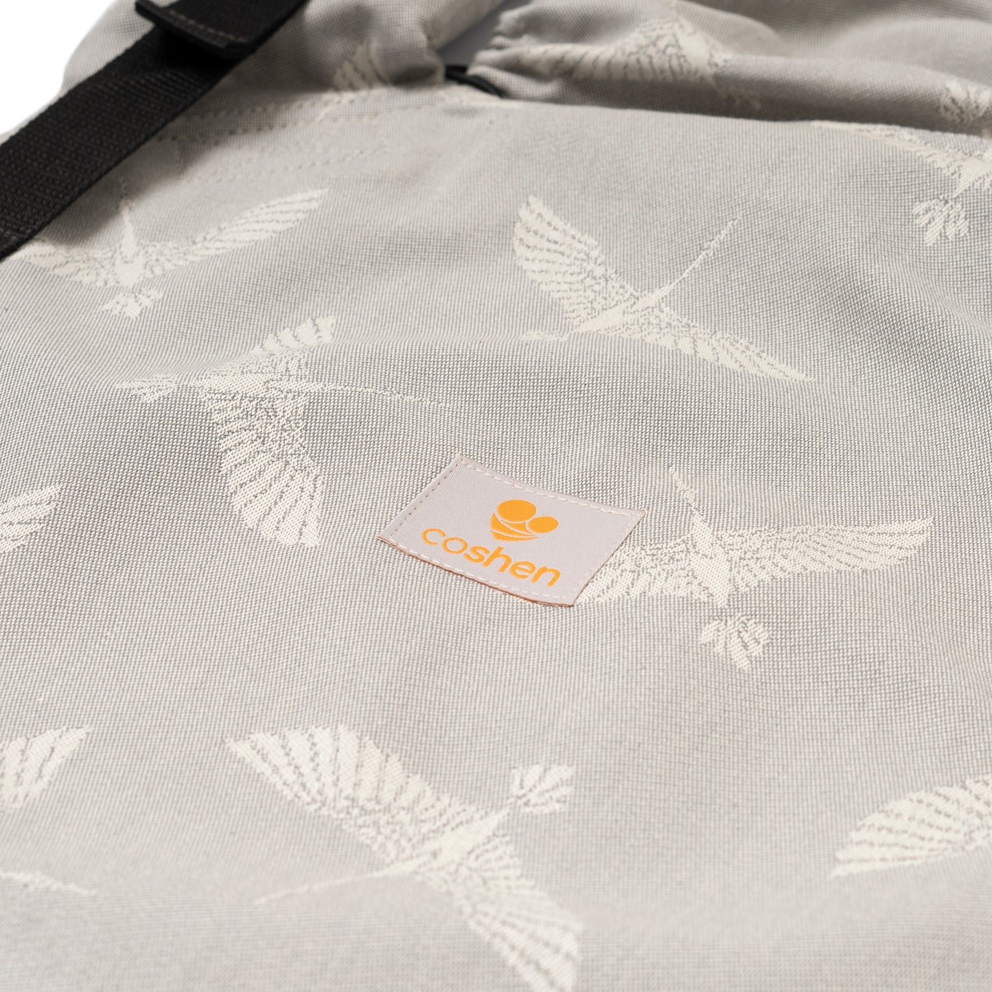 Organic cotton newborn baby carrier, gray bird pattern, hands-free, design that grows with the baby. International fast shipping.