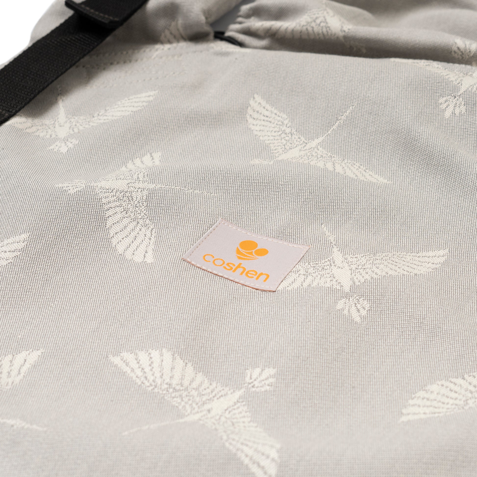 Organic cotton newborn baby carrier, gray bird pattern, hands-free, design that grows with the baby. International fast shipping.