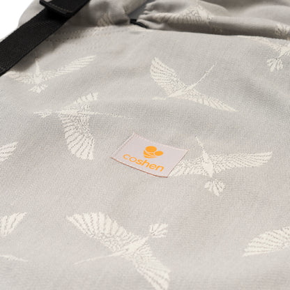 Organic cotton newborn baby carrier, gray bird pattern, hands-free, design that grows with the baby. International fast shipping.