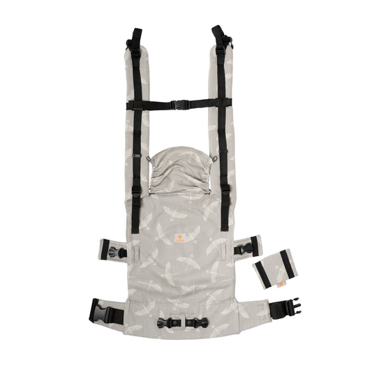Organic cotton newborn baby carrier, gray bird pattern, hands-free, design that grows with the baby. International fast shipping.