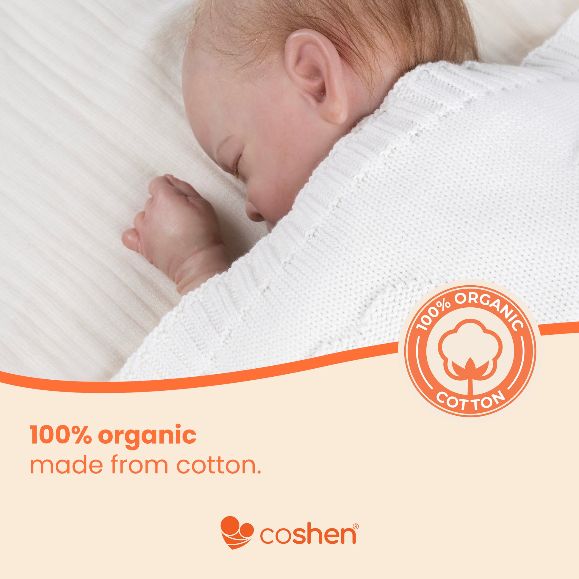 White, organic cotton, knitted, cloud patterned baby blanket