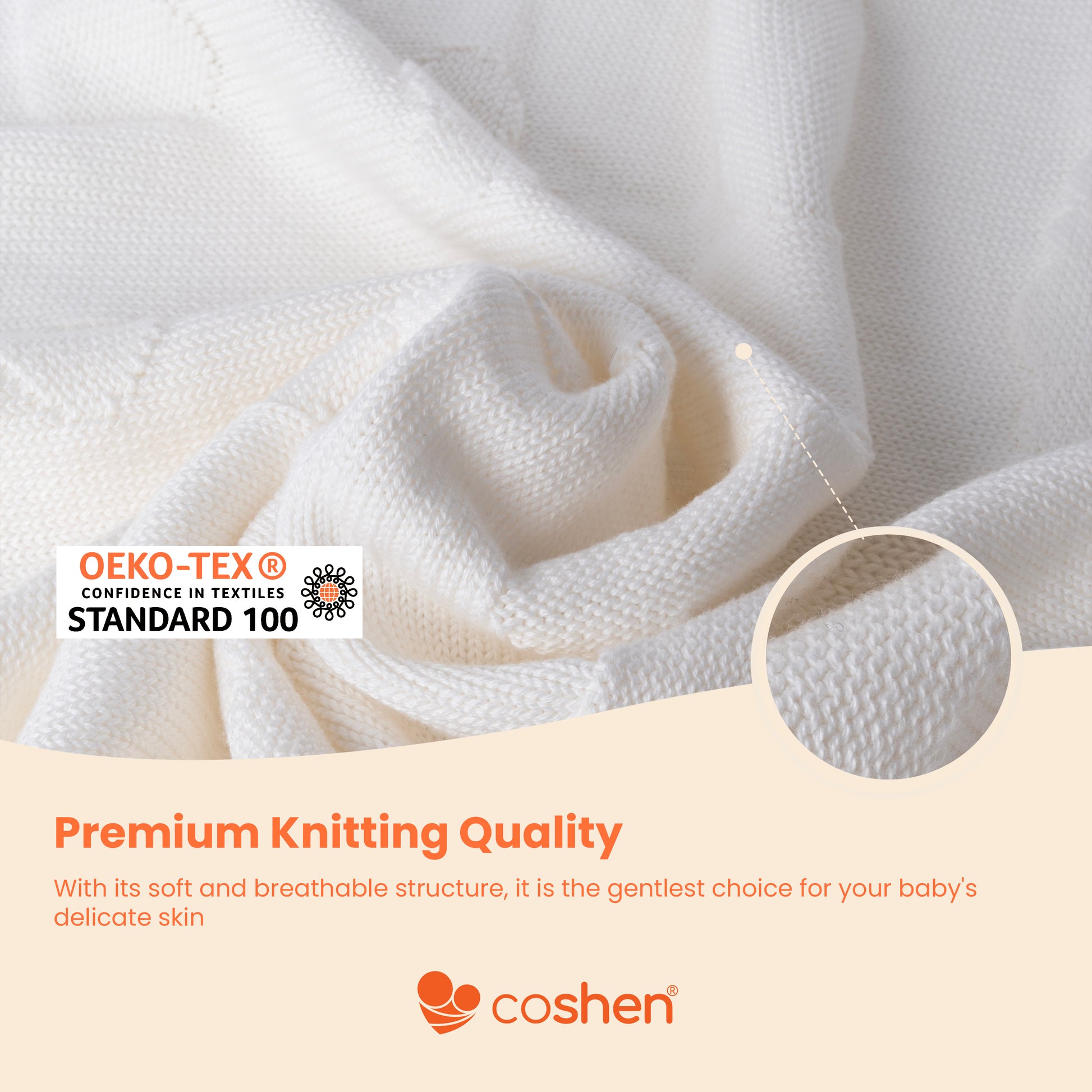 White, organic cotton, knitted, cloud patterned baby blanket