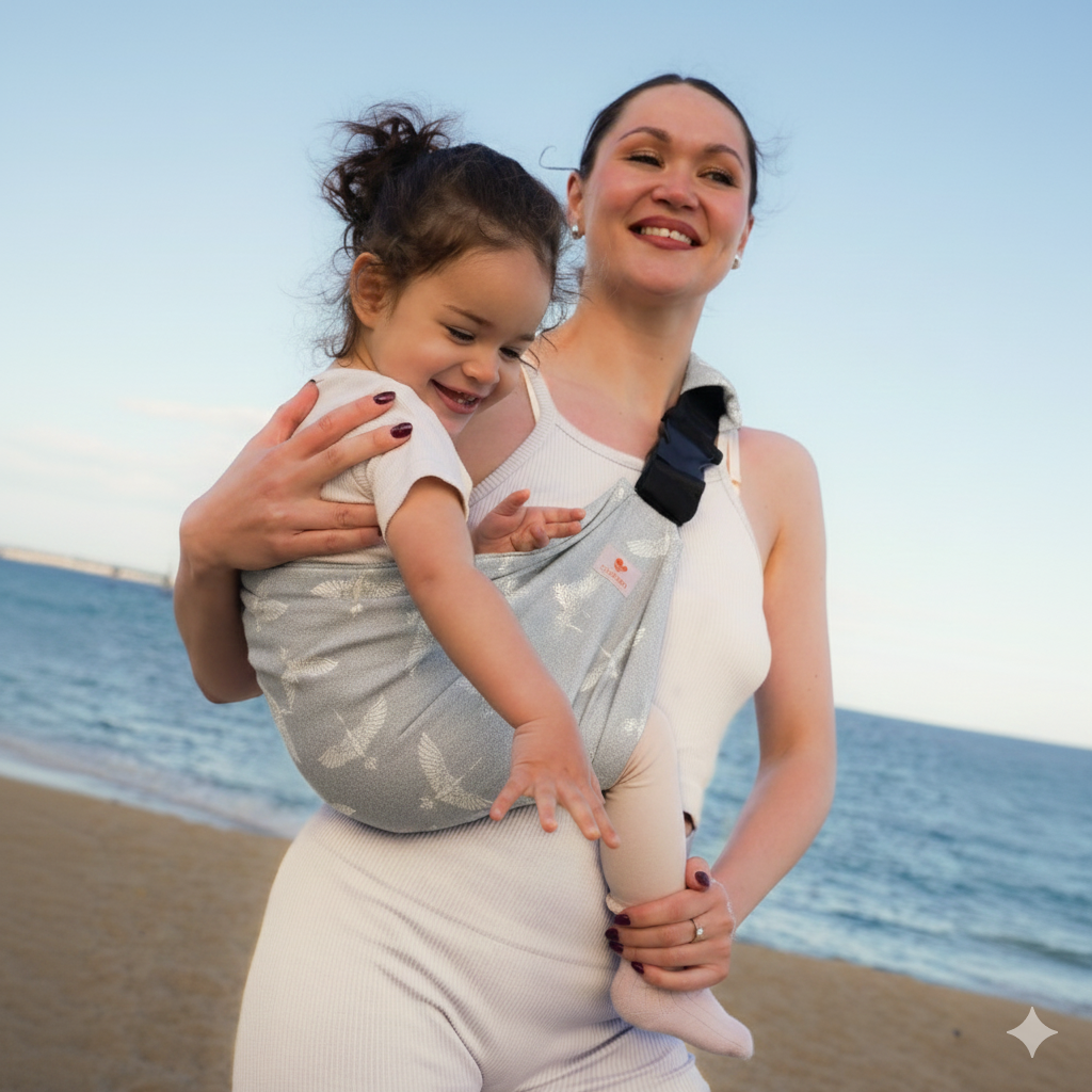 Smiling mother on the beach carrying a happy toddler in a light grey crane bird patterned ergonomic baby carrier.