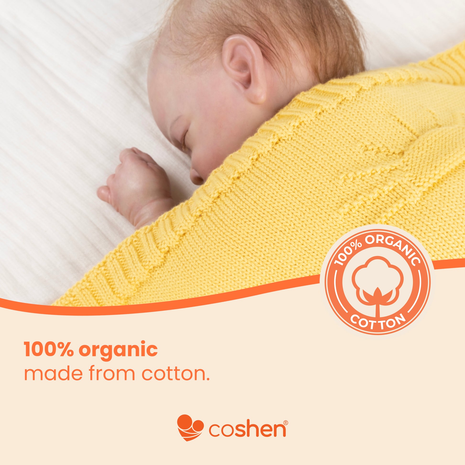 Yellow, organic cotton, knitted, sun patterned baby blanket