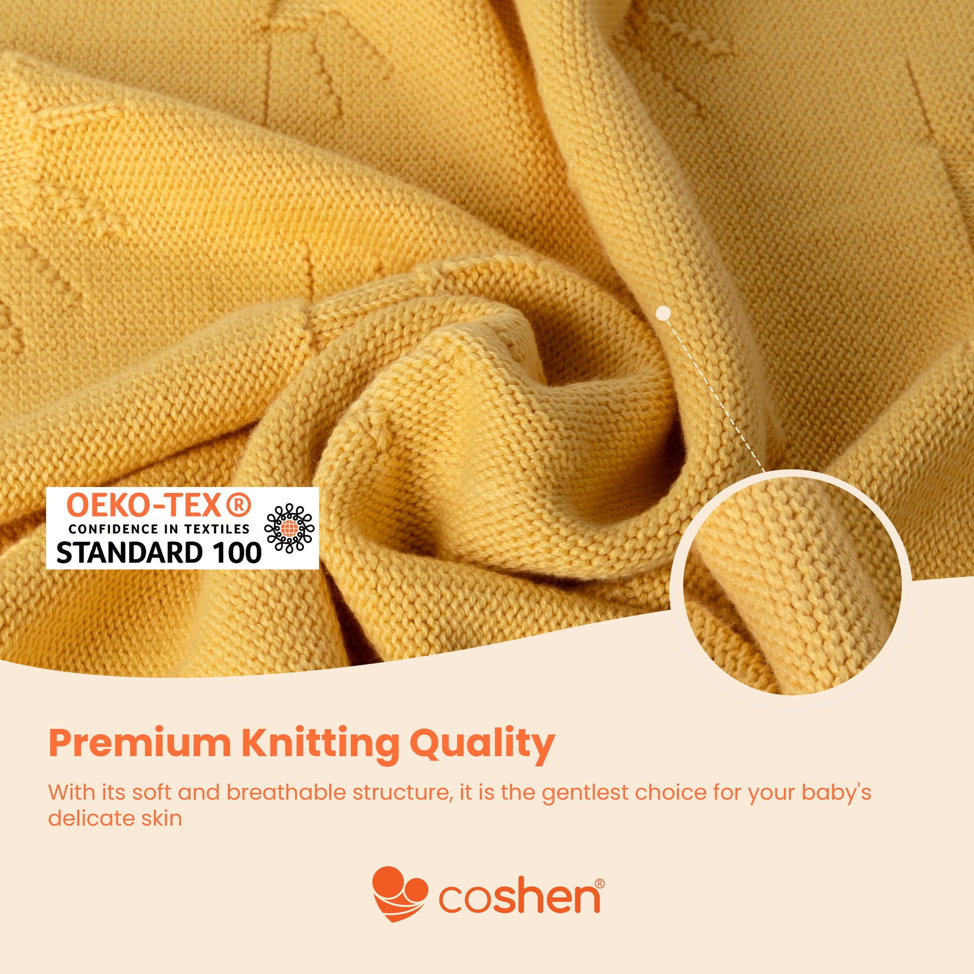 Yellow, organic cotton, knitted, sun patterned baby blanket