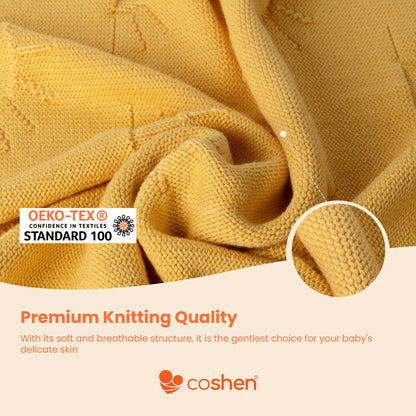 Yellow, organic cotton, knitted, sun patterned baby blanket