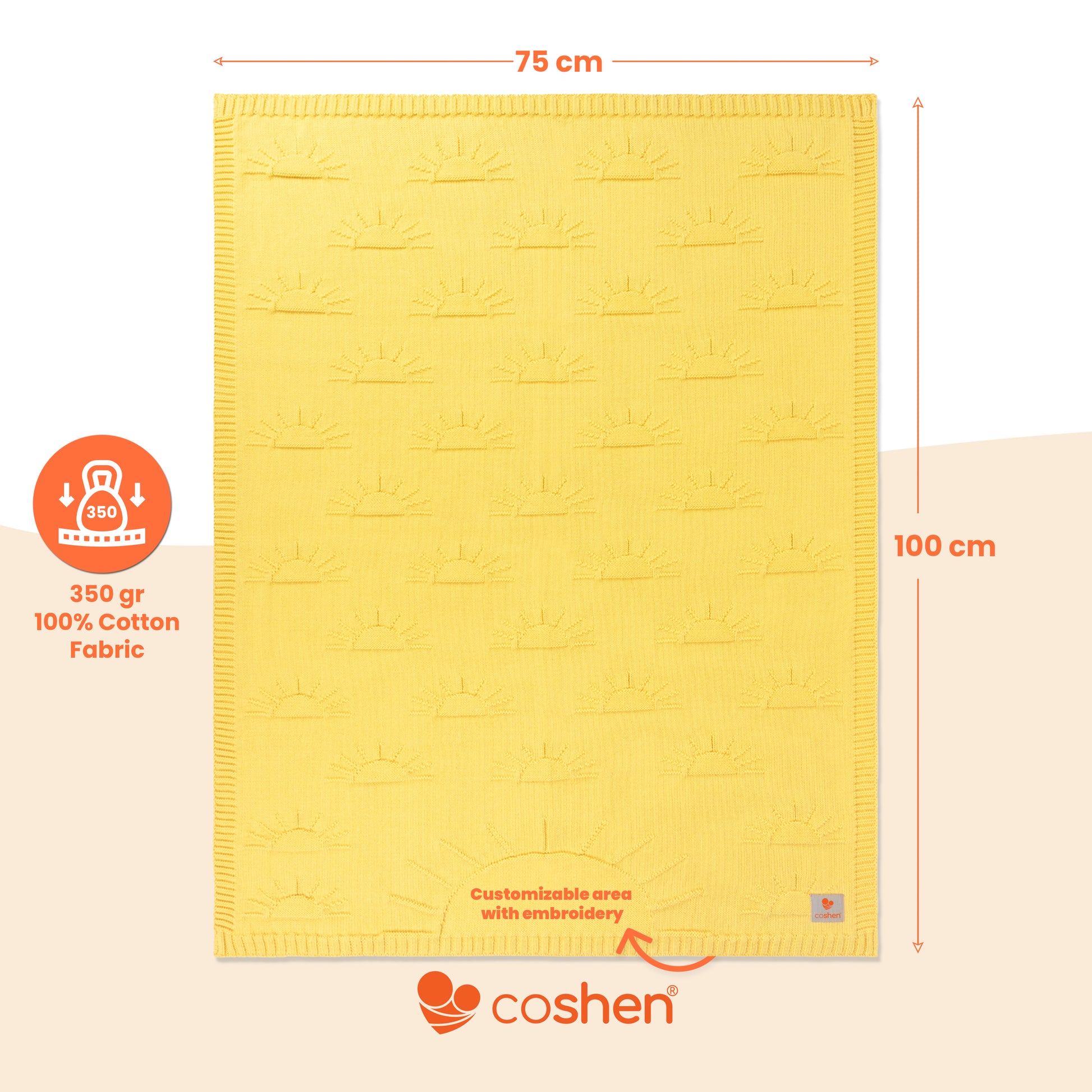 Yellow, organic cotton, knitted, sun patterned baby blanket