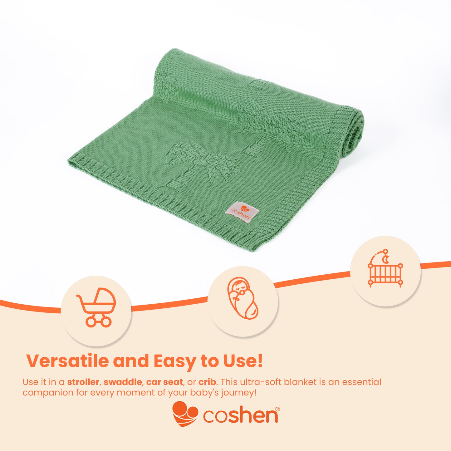 green, organic cotton, knitted, palm patterned baby blanket