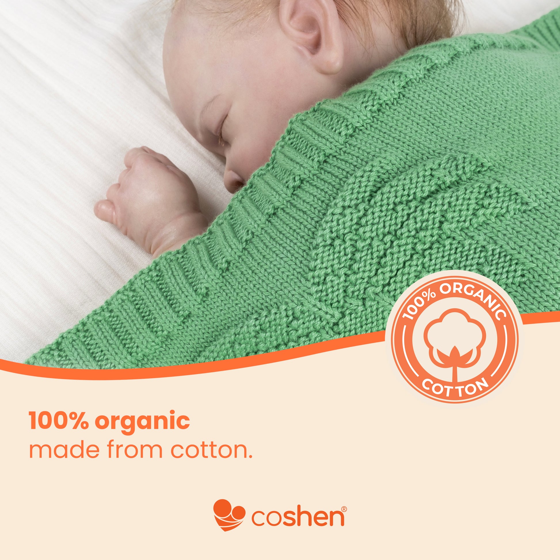 green, organic cotton, knitted, palm patterned baby blanket