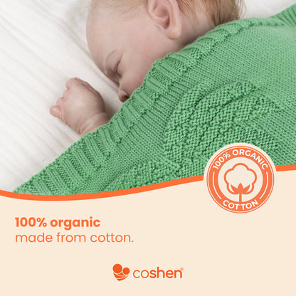 green, organic cotton, knitted, palm patterned baby blanket