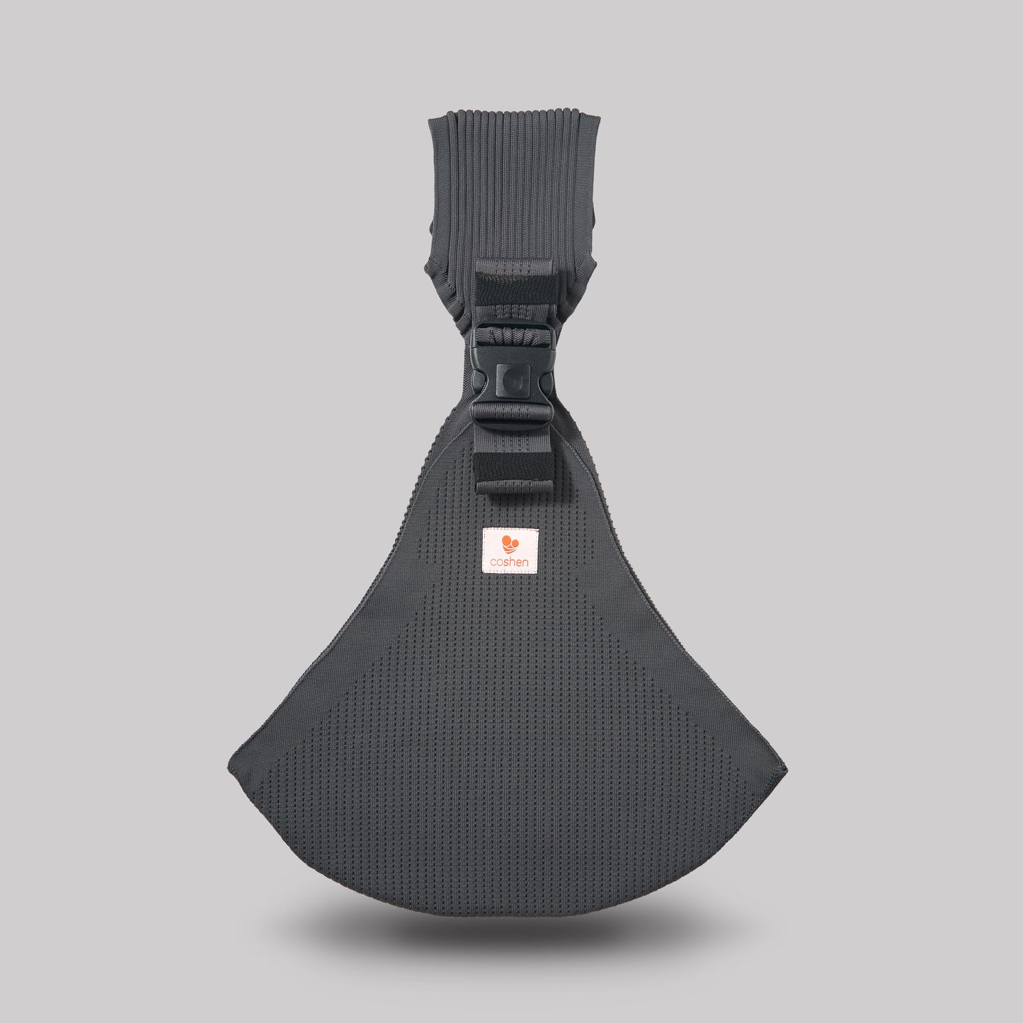 Coshen seamless 3D knit baby carrier in anthracite grey, showing the ergonomic front view and healthy M-position support for infants.
