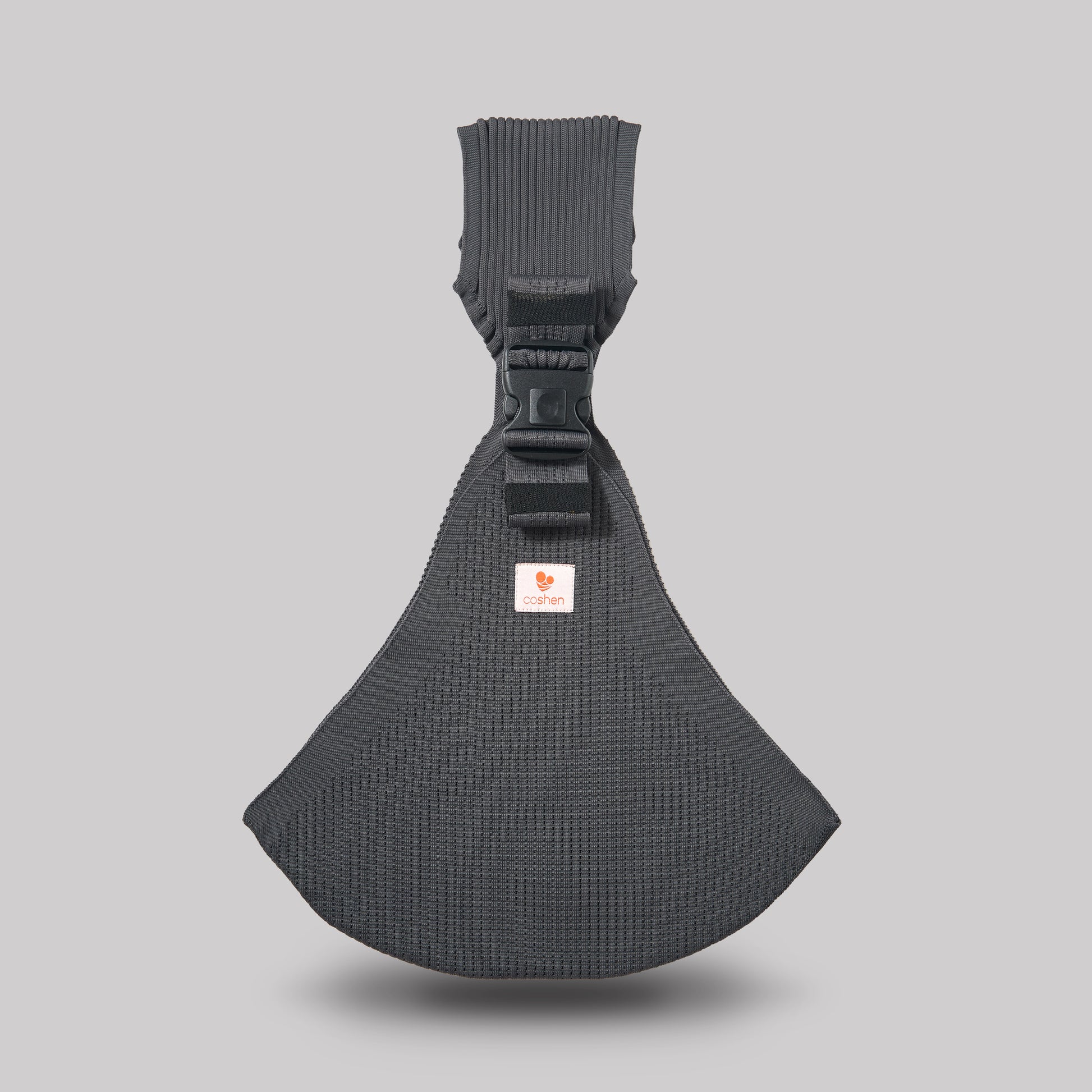 Coshen seamless 3D knit baby carrier in anthracite grey, showing the ergonomic front view and healthy M-position support for infants.