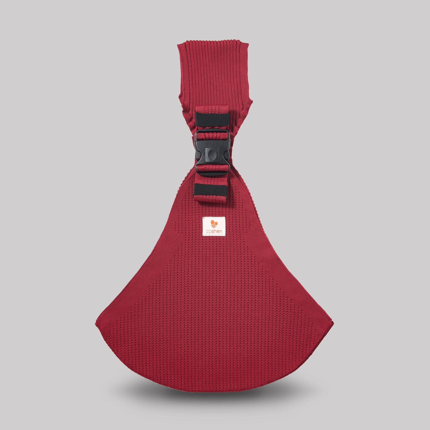 Coshen seamless 3D knit baby carrier in cherry red, showcasing a bold premium aesthetic, ergonomic front view, and healthy M-position for babies.