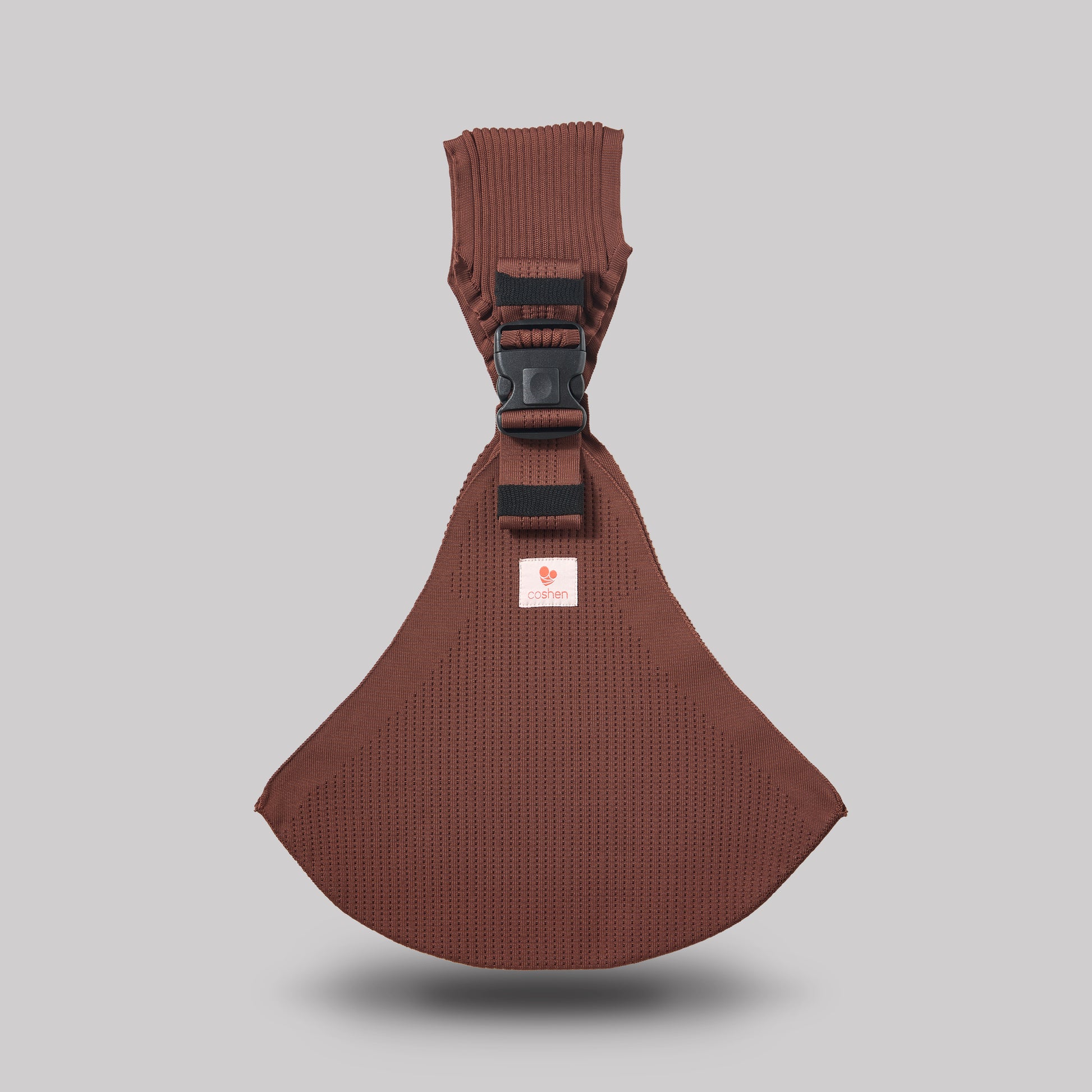 Coshen seamless 3D knit baby carrier in earth brown, showcasing the natural aesthetic, ergonomic front view, and healthy M-position for infants.