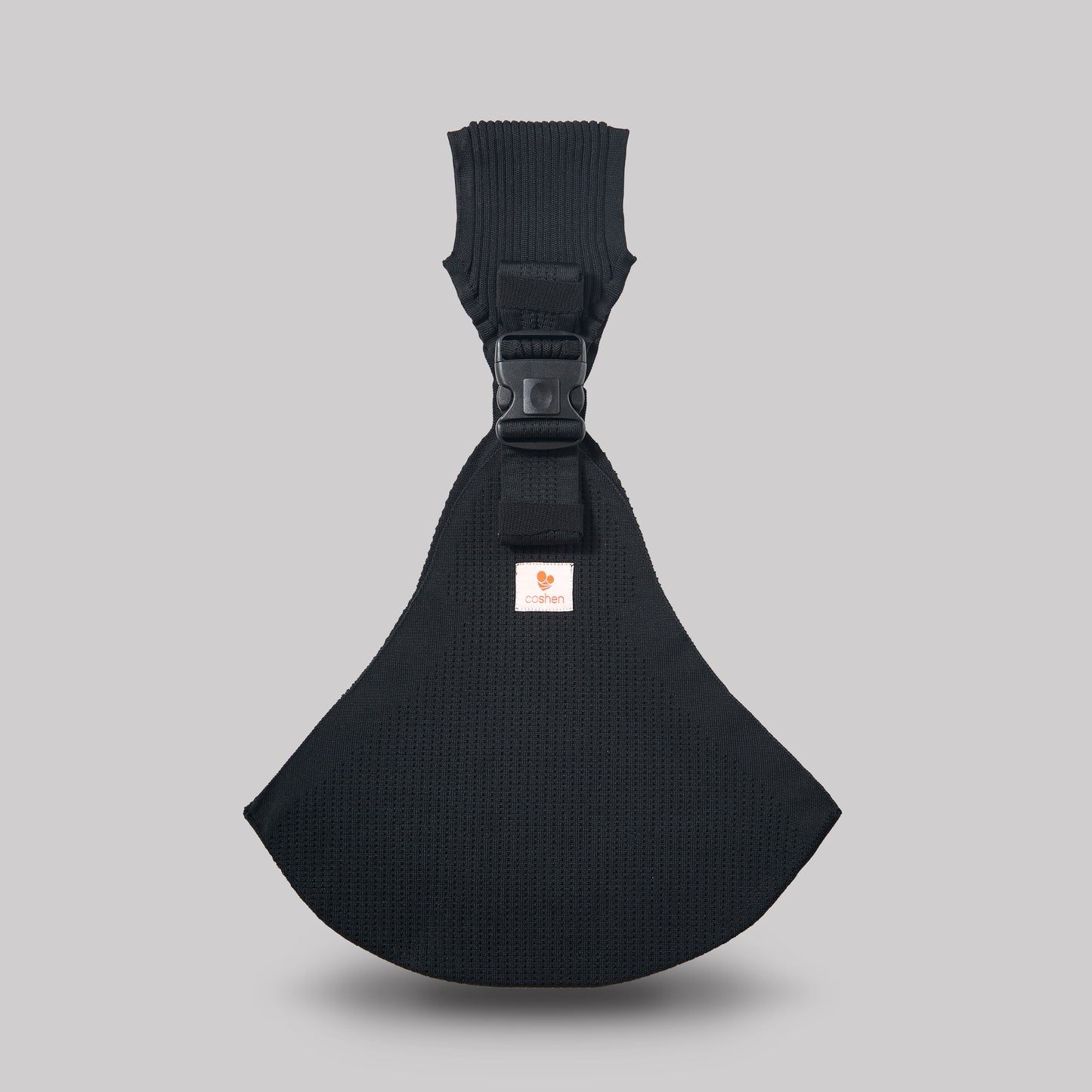 Coshen seamless 3D knit baby carrier in jet black, showcasing a sleek ergonomic front view and the essential M-position for infant safety.