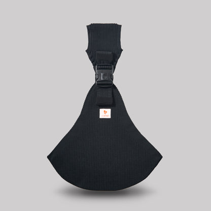 Coshen seamless 3D knit baby carrier in jet black, showcasing a sleek ergonomic front view and the essential M-position for infant safety.