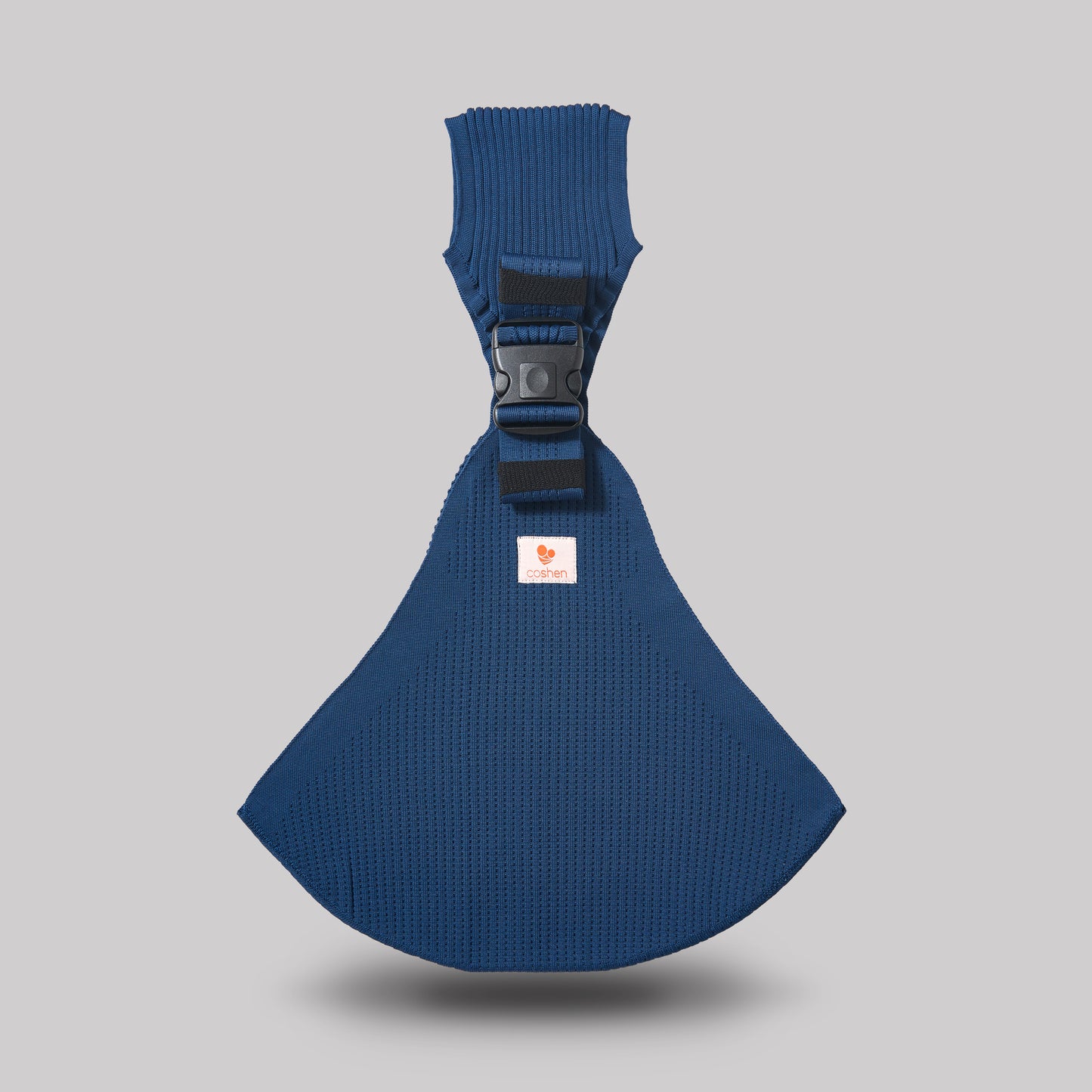 Coshen seamless 3D knit baby carrier in deep navy blue, featuring an ergonomic front view and the healthy M-position seating for infants.