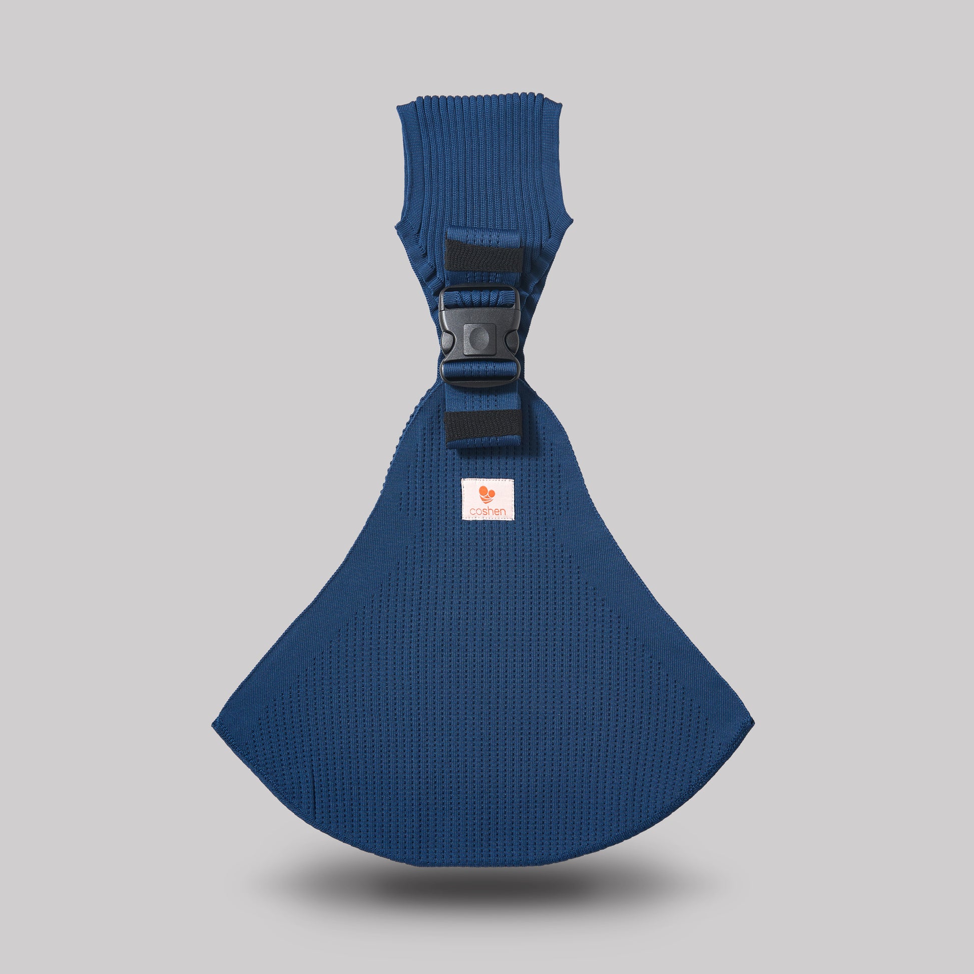 Coshen seamless 3D knit baby carrier in deep navy blue, featuring an ergonomic front view and the healthy M-position seating for infants.