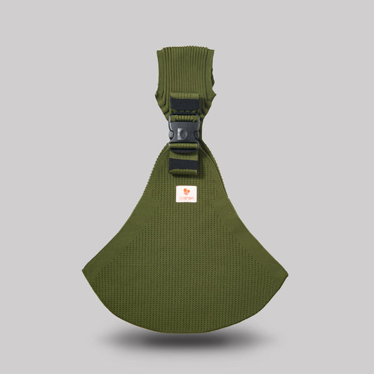 Coshen seamless 3D knit baby carrier in sage green, showcasing the eco-friendly aesthetic, ergonomic front view, and healthy M-position for babies.