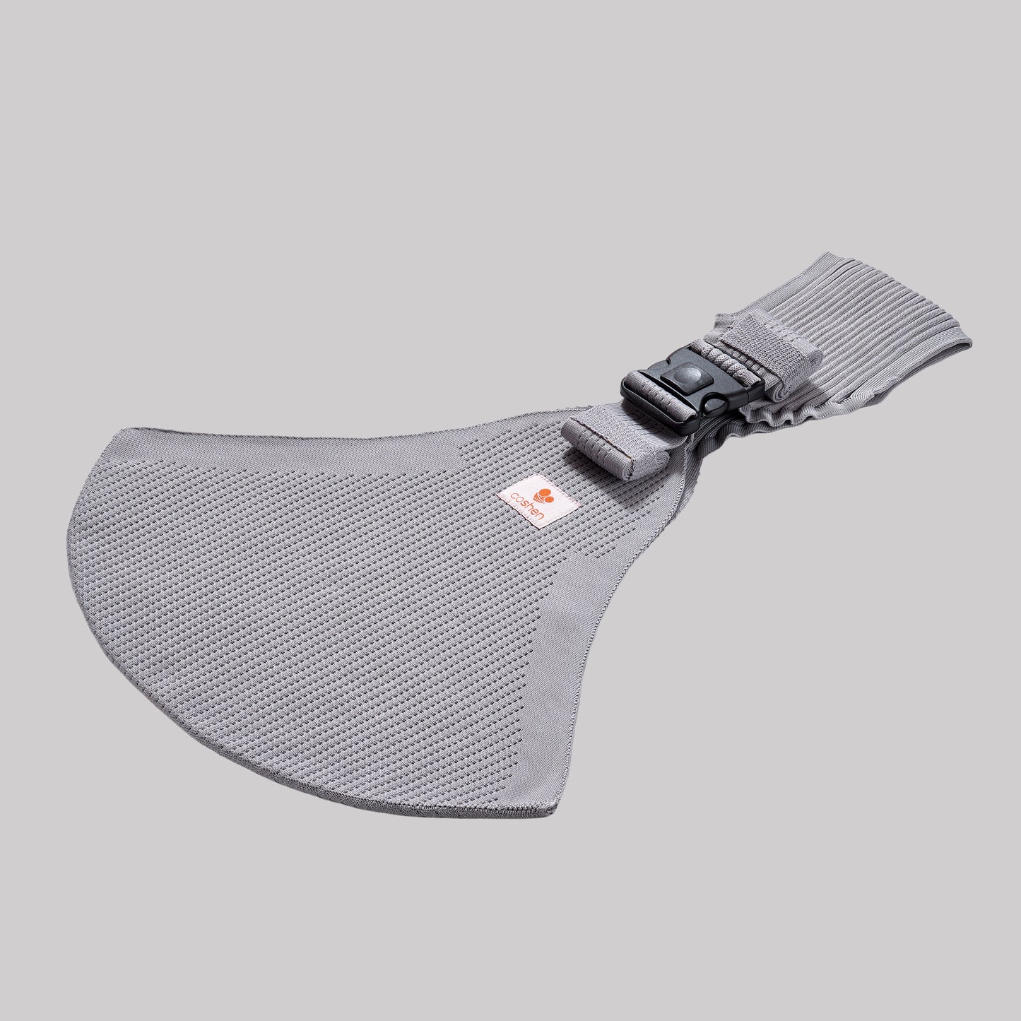 Coshen seamless 3D knit baby carrier in silver grey, showcasing the modern aesthetic, ergonomic front view, and healthy M-position for babies.