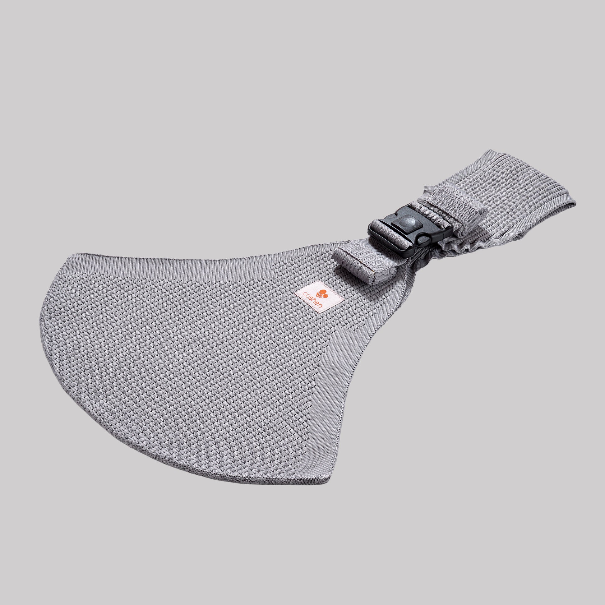 Coshen seamless 3D knit baby carrier in silver grey, showcasing the modern aesthetic, ergonomic front view, and healthy M-position for babies.