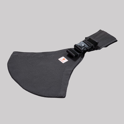 Angled perspective view of the Coshen carrier in anthracite, highlighting the breathable 3D knit textile and contoured shoulder strap for parent comfort.