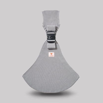 Angled perspective view of the silver Coshen carrier, highlighting the advanced 3D knit technical textile and minimalist seamless design for stylish parents.
