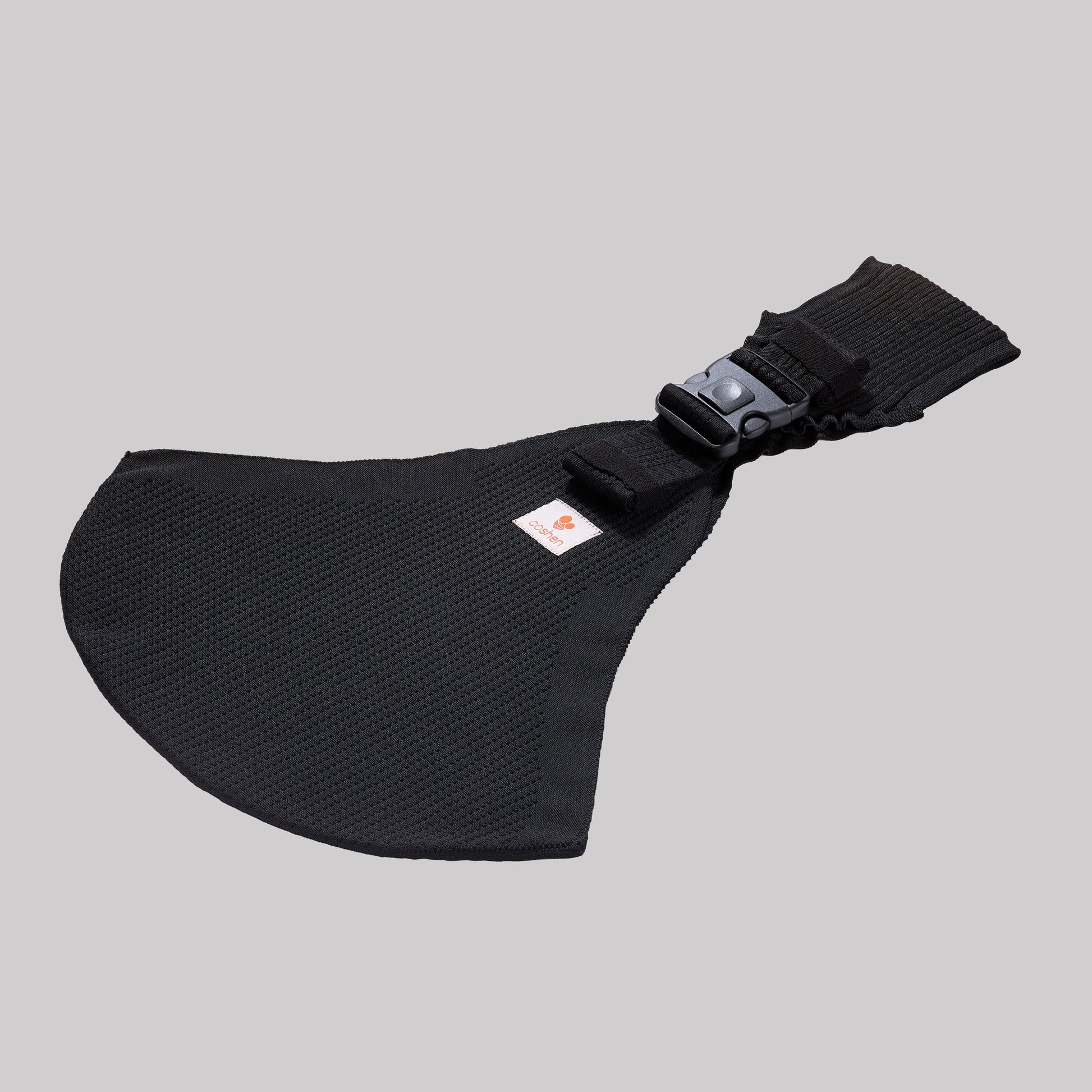 Angled perspective view of the black Coshen baby carrier, highlighting the premium 3D knit texture and breathable seamless fabric detail.