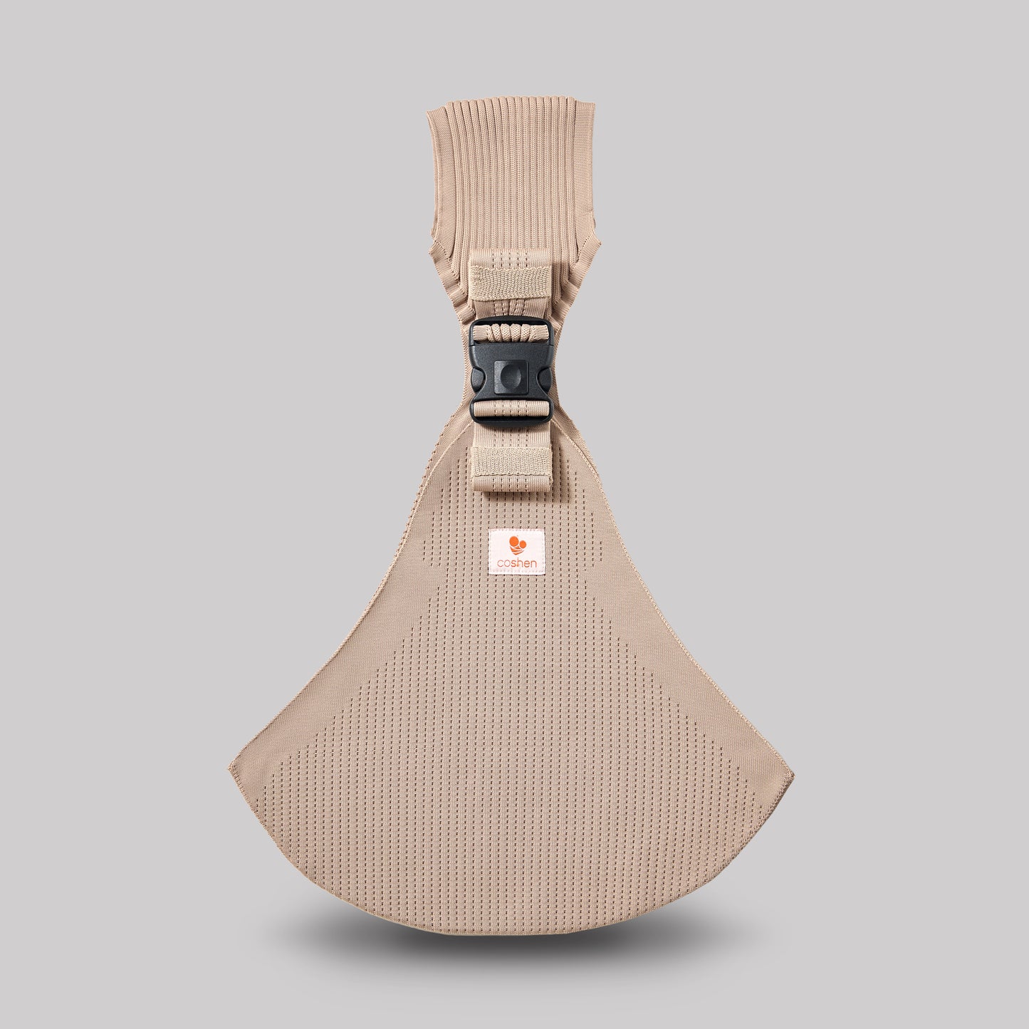 Front view of the Coshen Icon Series toddler carrier in beige, highlighting the breathable 3D knit texture and the durable safety buckle system.
