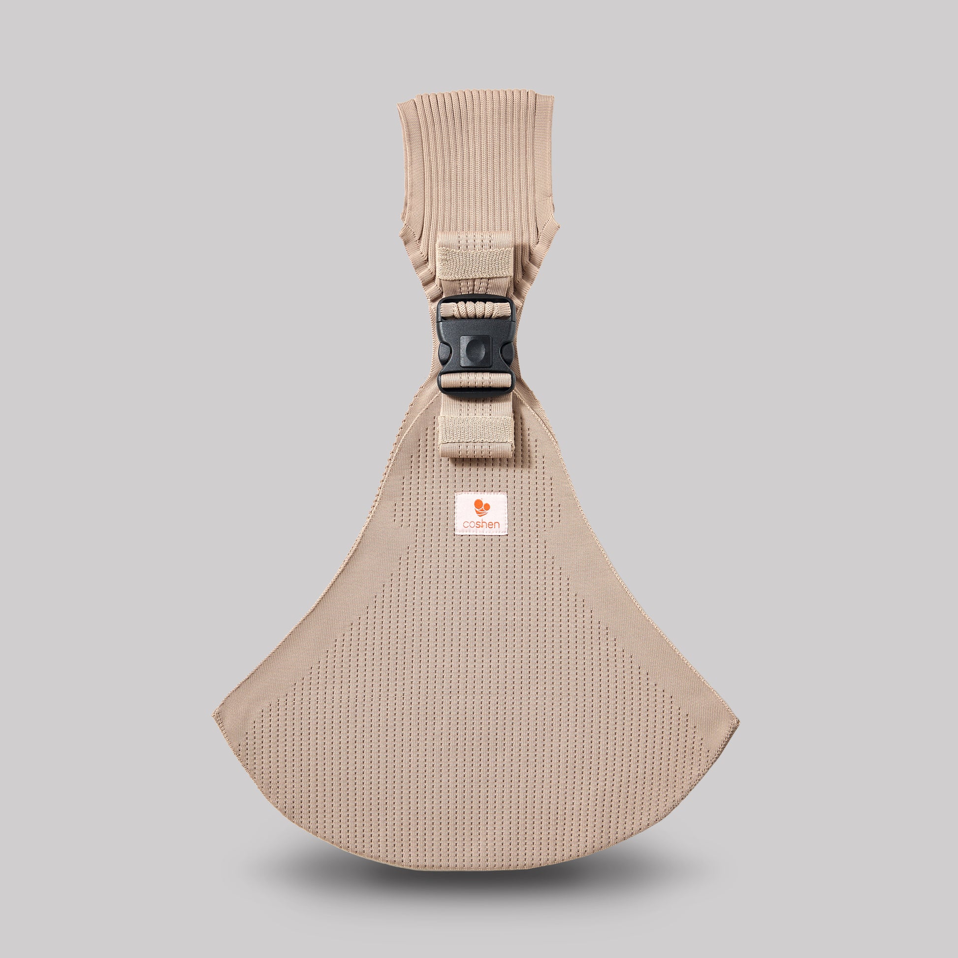 Front view of the Coshen Icon Series toddler carrier in beige, highlighting the breathable 3D knit texture and the durable safety buckle system.