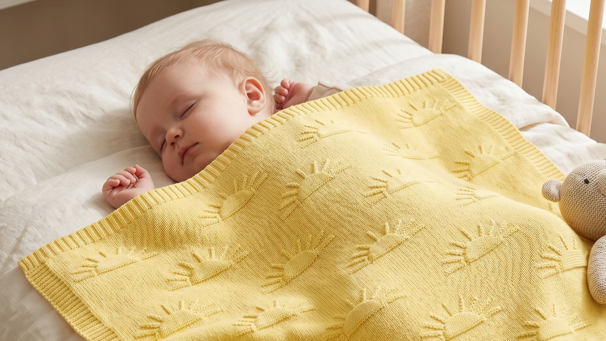 Coshen 100% organic cotton baby blanket in sunny yellow featuring an embossed knit sun pattern, draped gently in a modern nursery setting