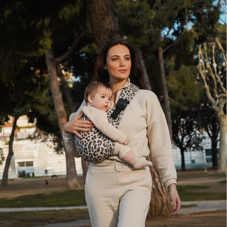 A mother carrying her baby in a leopard print sling carrier, walking outdoors in a park with trees in the background.