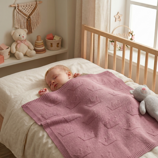 Sleeping baby in crib under Coshen Dusty Rose organic cotton knit baby blanket with crown pattern