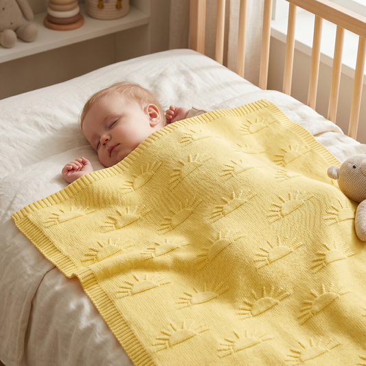 Baby sleeping peacefully in wooden crib under Coshen sunny yellow organic cotton knit baby blanket with embossed sun pattern