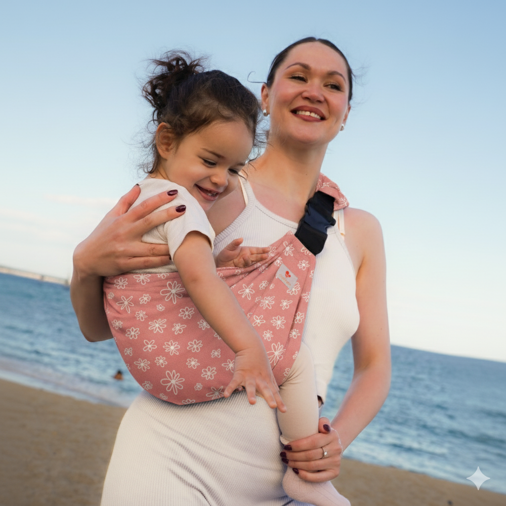 Une mère souriante à la plage portant son enfant dans un sling à anneaux Coshen rose avec des motifs floraux blancs.