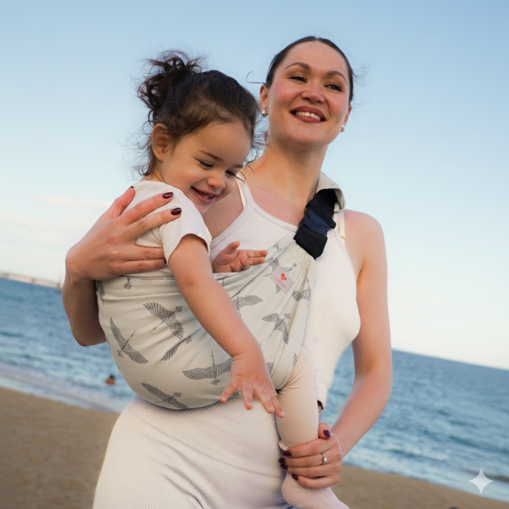 Smiling mother carrying toddler in a leopard print ergonomic baby carrier on the beach at sunset.